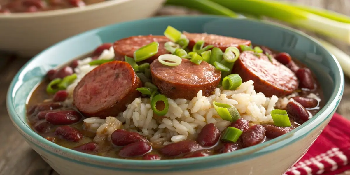 Camellia red beans and rice recipe served in a bowl with sausage and rice.