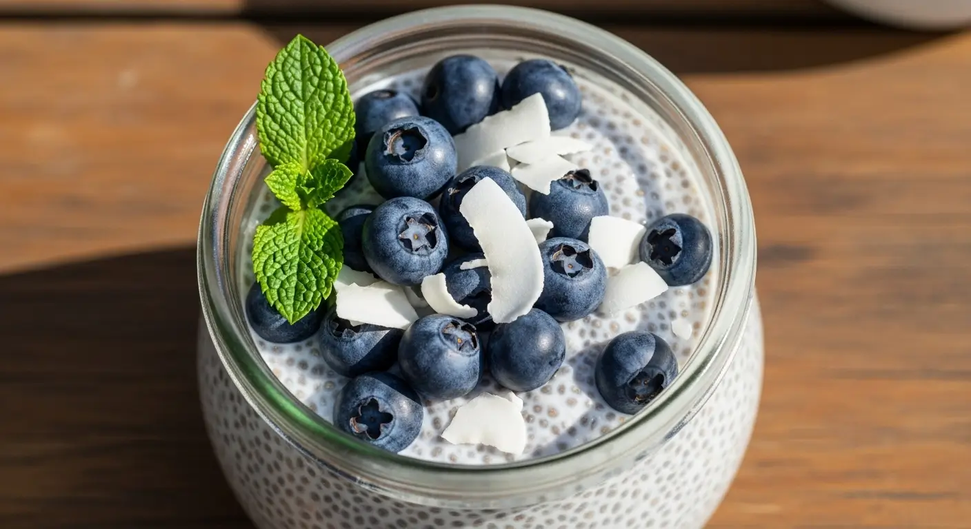chia seed coconut milk pudding with blueberries and coconut flakes