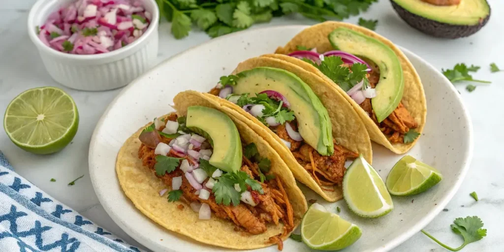 Chicken birria tacos with fresh toppings