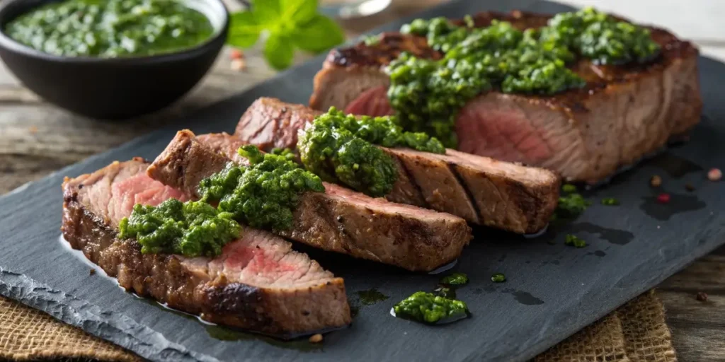 Grilled steak with chimichurri recipe topping