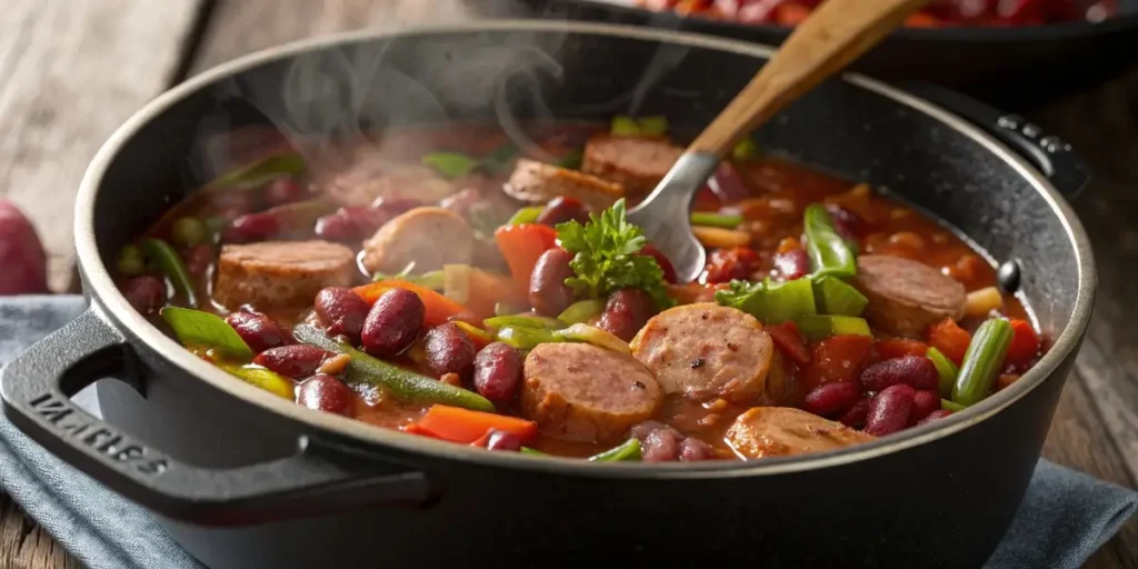 Pot of Camellia red beans simmering with sausage and veggies.