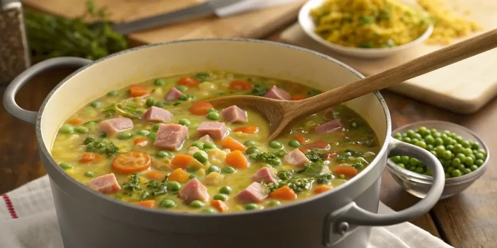 Cooking Goya split pea soup in a pot