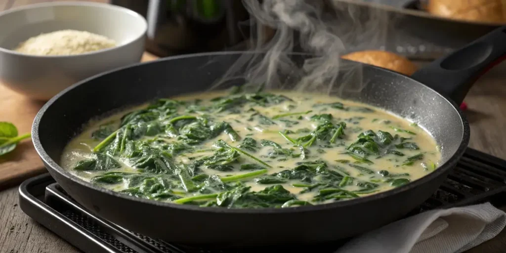 Creamed spinach cooking in skillet