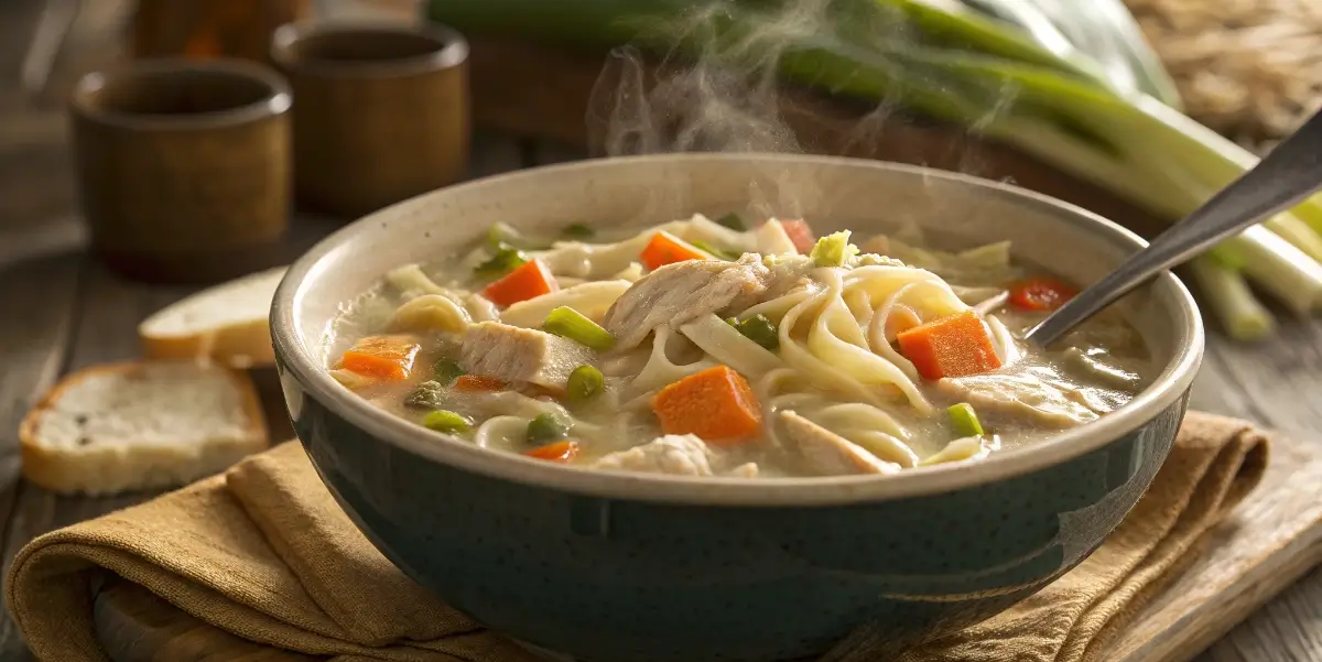 crockpot creamy chicken noodle soup in rustic bowl