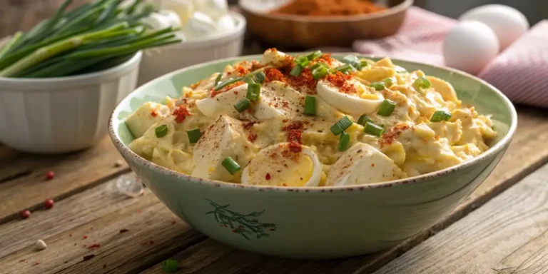 Deviled egg potato salad served with paprika and chives