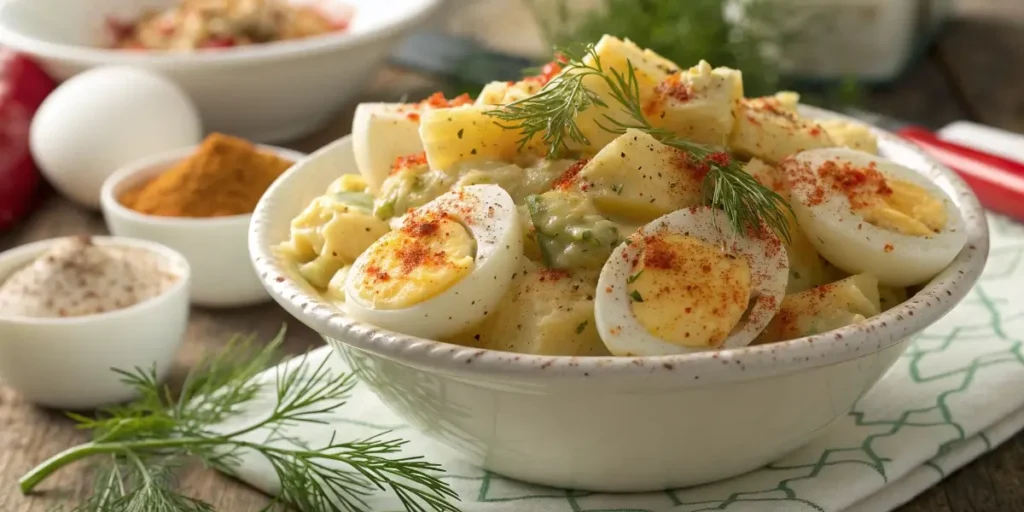 Deviled egg potato salad served with garnish and halved eggs