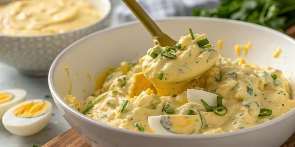 Mashing egg yolks for deviled egg potato salad dressing