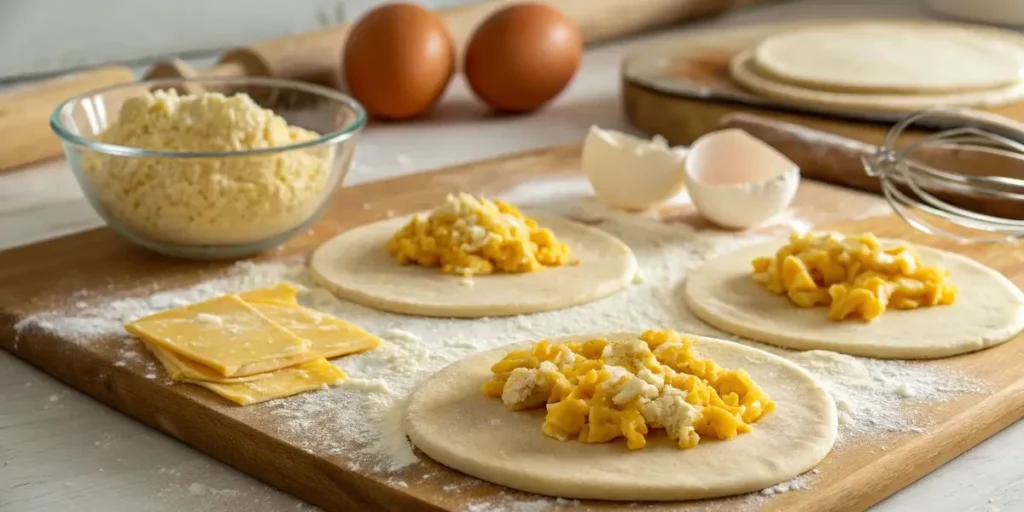 Dough circles filled with scrambled eggs for 5 ingredient breakfast hand pies recipe