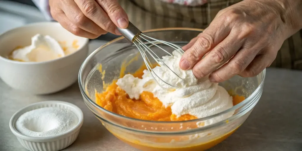 folding egg whites into sweet potato souffle mix