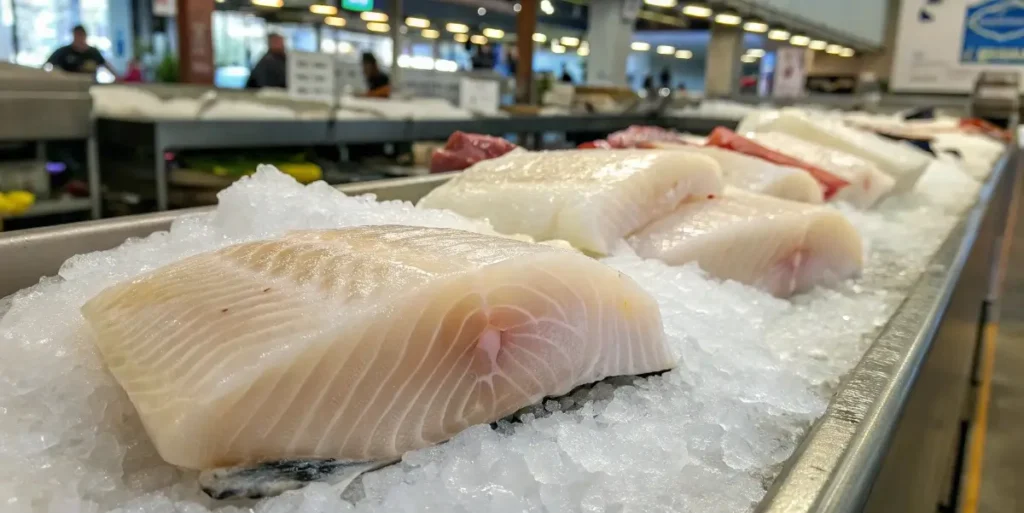 Fresh halibut cheeks on ice