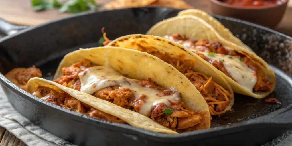 Frying chicken birria tacos on skillet