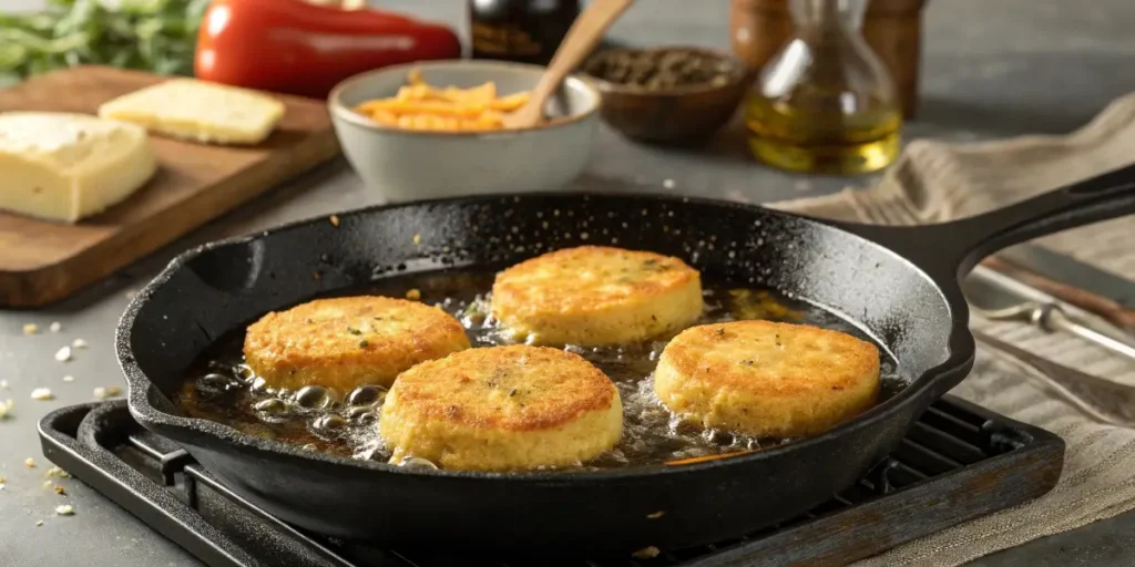 frying hot water cornbread in skillet
