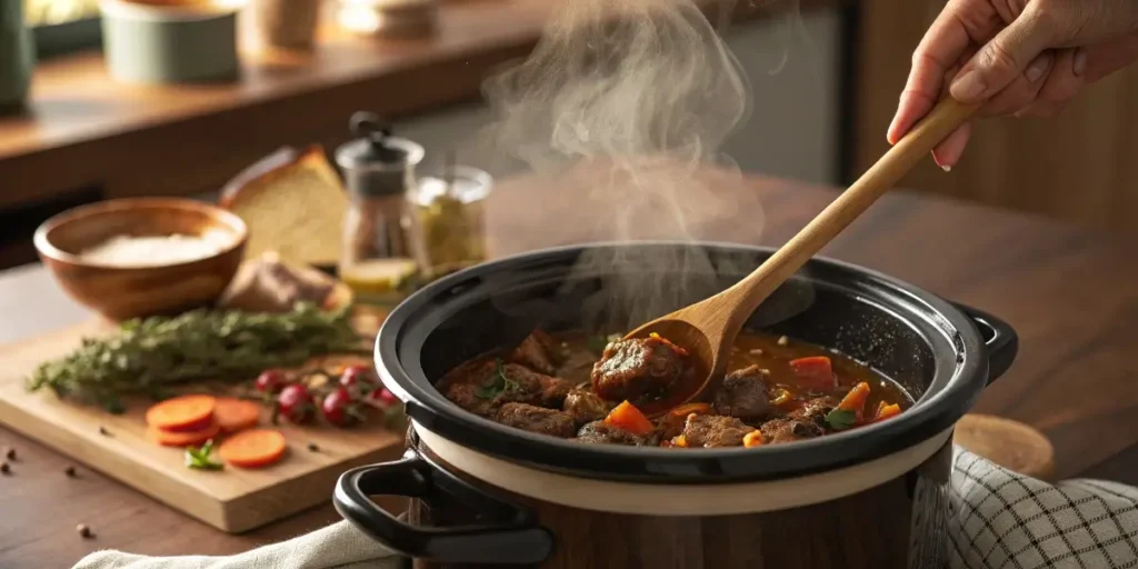stirring gluten free beef stew in crock pot