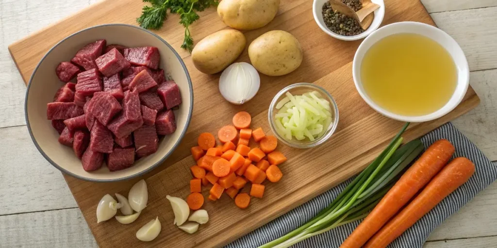 gluten free beef stew ingredients on wooden board