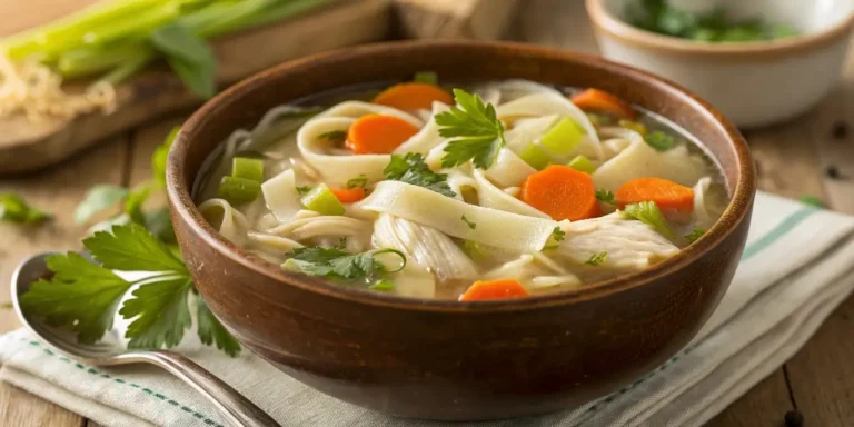 gluten free chicken noodle soup in rustic bowl