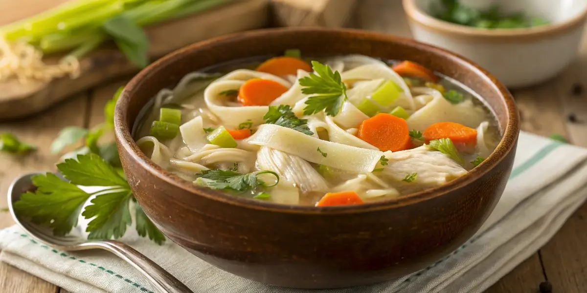 gluten free chicken noodle soup in rustic bowl