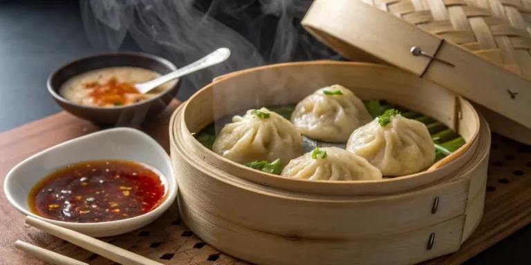 Gluten free dumplings freshly steamed in bamboo basket