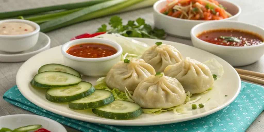 Gluten free dumplings with cucumber salad and tamari dip