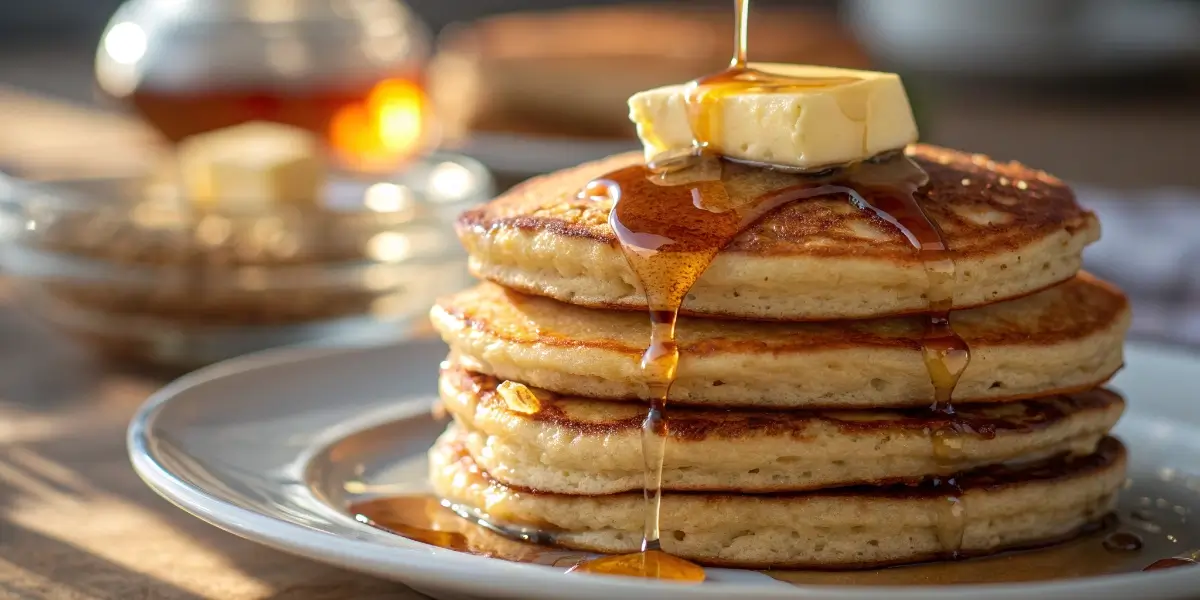 Fluffy gluten free pancake mix stack with syrup