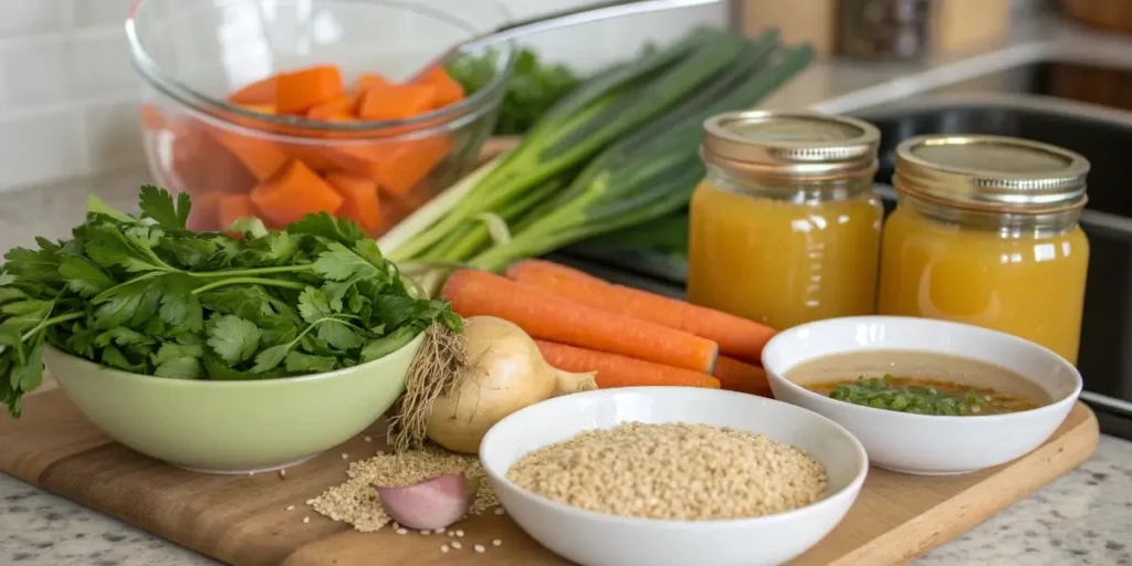 gluten free soup ingredients with vegetables and quinoa