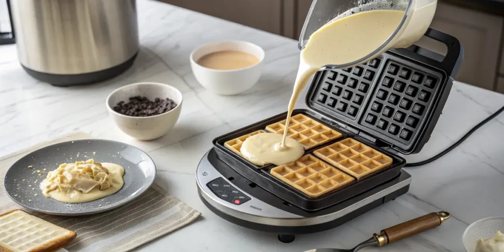 Pouring gluten free waffle batter into waffle maker