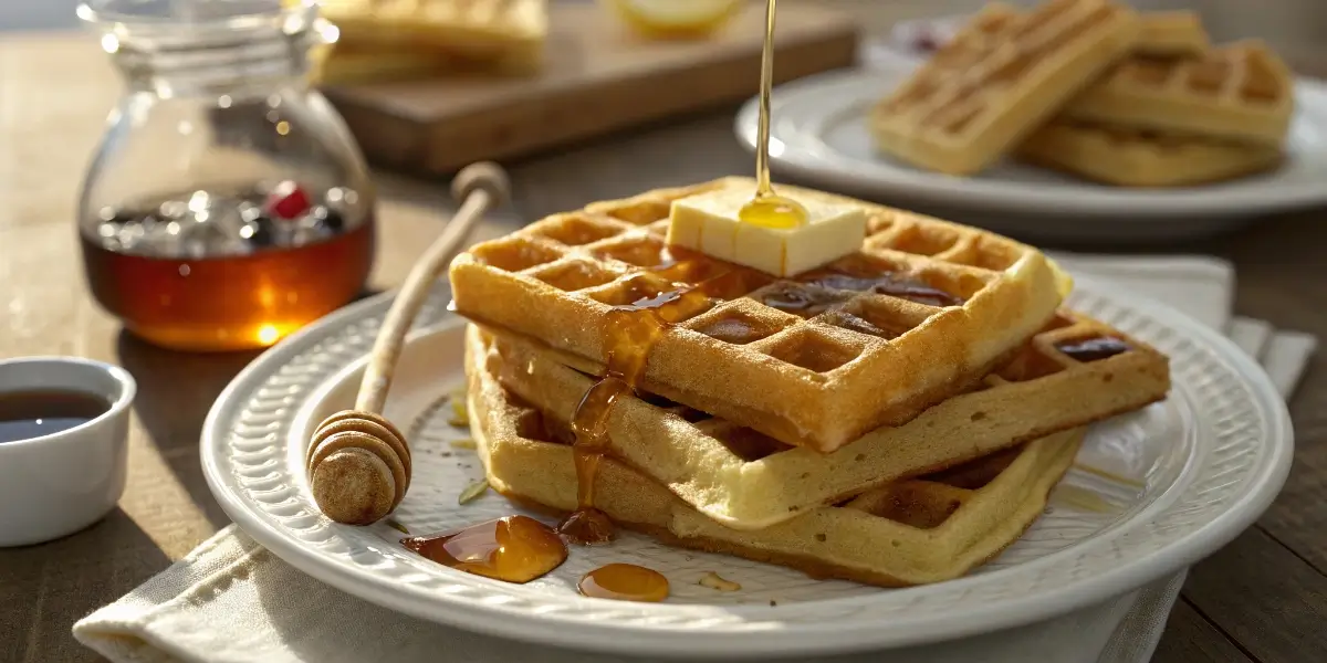 Gluten free waffle recipe served with butter and syrup