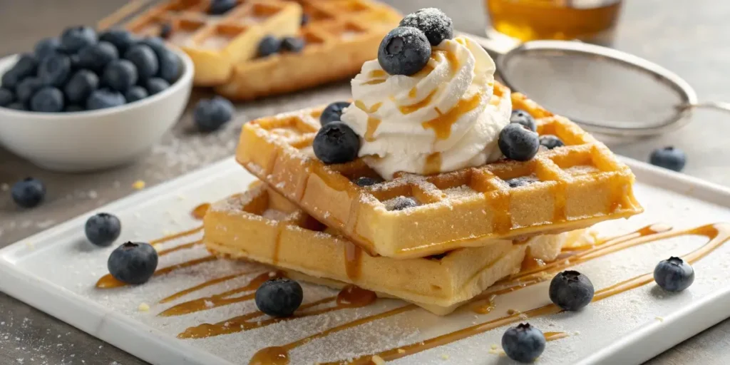 Gluten free waffles with blueberry syrup topping