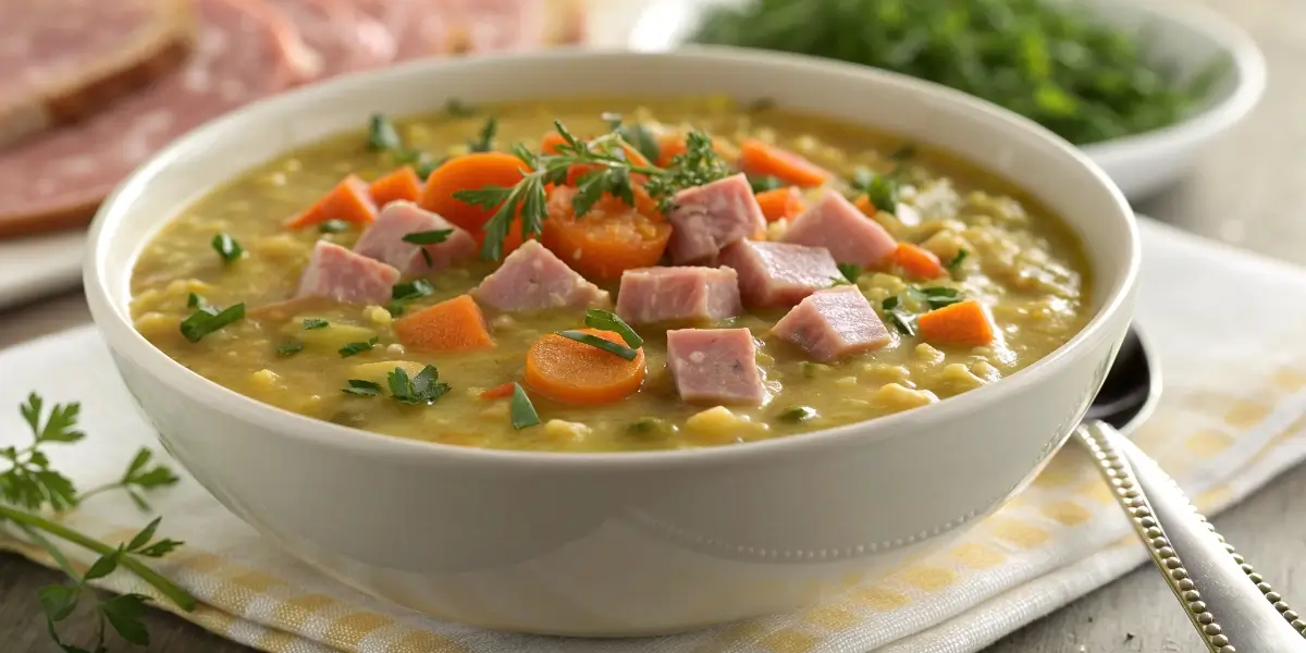 Goya Split Pea Soup Recipe in a bowl with ham and vegetables