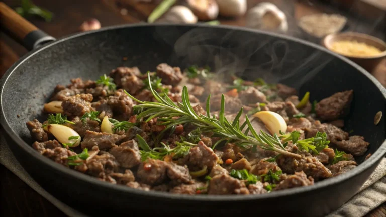 Ground lamb recipes with herbs and garlic cooking in a skillet.