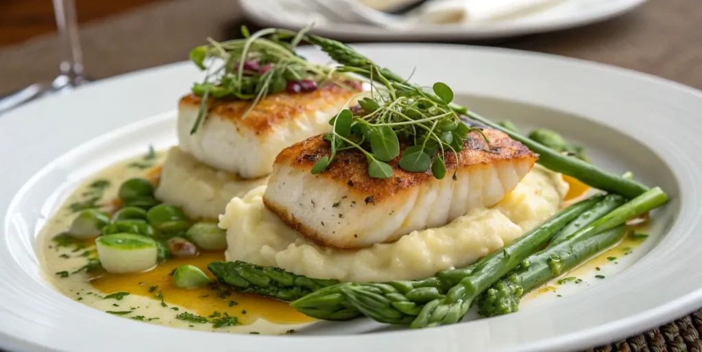 Halibut cheeks served with asparagus