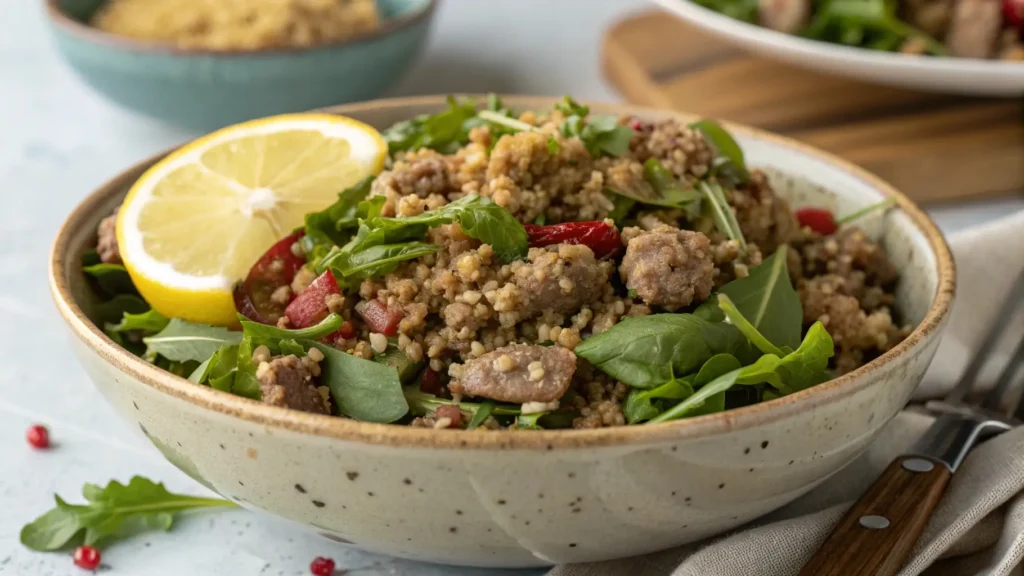 Healthy ground lamb meal bowl with greens and grains.
