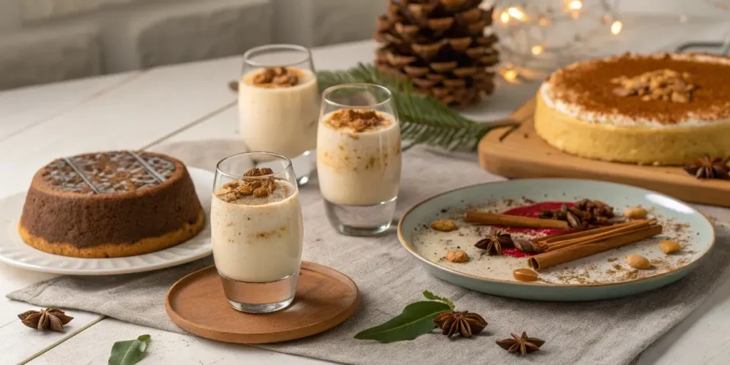 Holiday table with Puerto Rican coquito and desserts