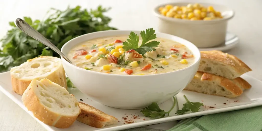 Homemade Panera corn chowder served with bread