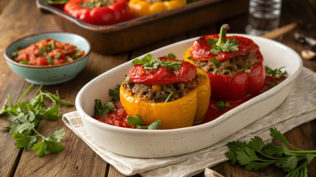 Ground lamb stuffed peppers with Mediterranean spices.