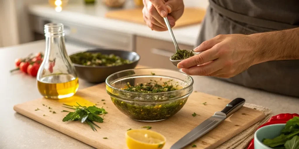 Making chimichurri recipe mixing herbs and olive oil