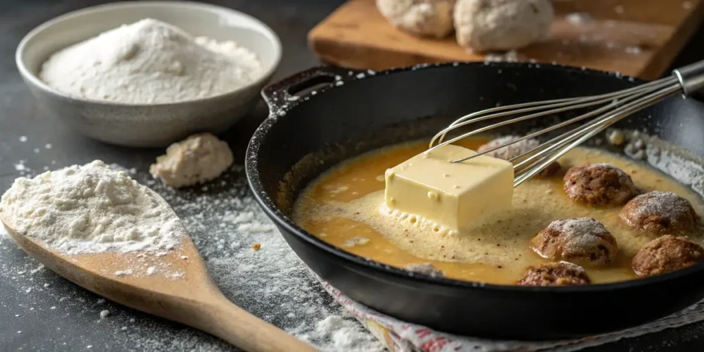 making creamy Swedish meatball sauce in skillet