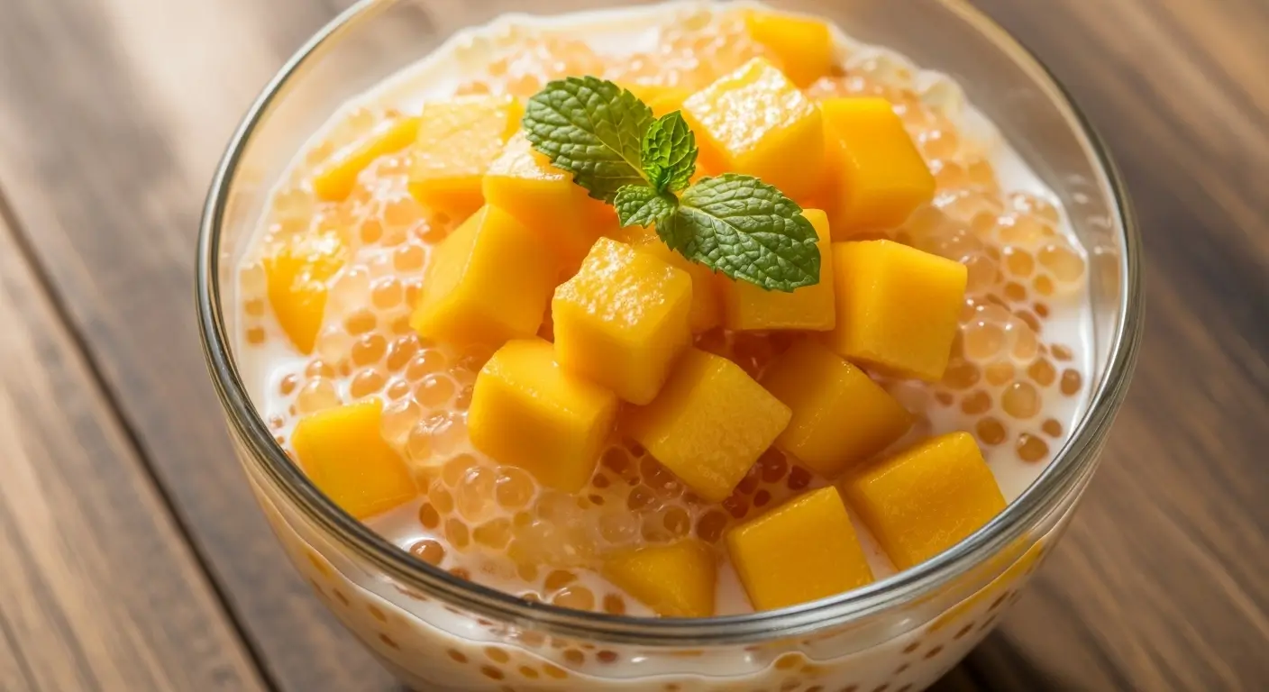 mango sago recipe dessert bowl close-up