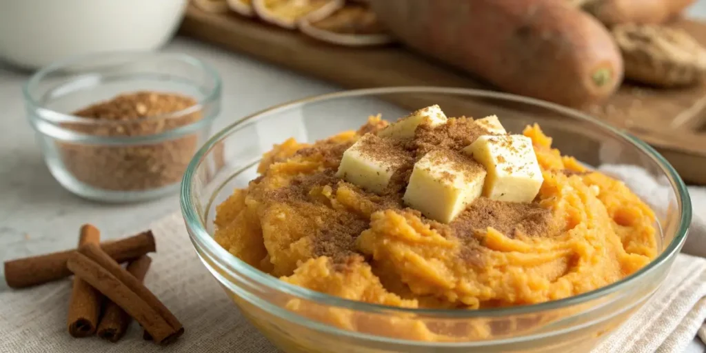 mixing mashed canned yams for casserole