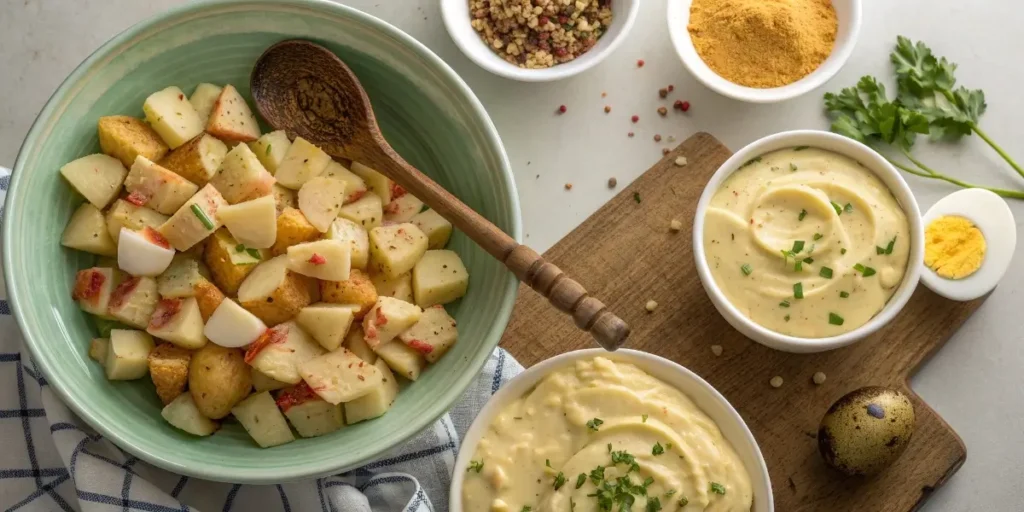 Mixing deviled egg potato salad with potatoes and eggs