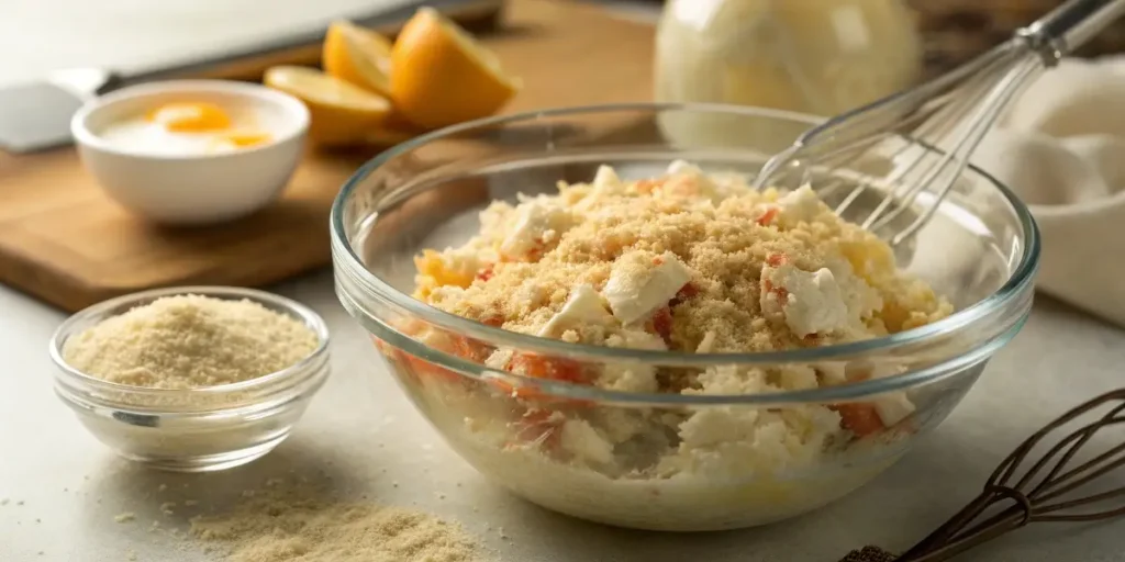 Mixing Dungeness crab cake ingredients in a bowl