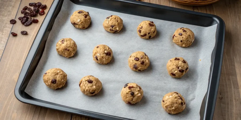 Oatmeal raisin cookie dough balls on tray
