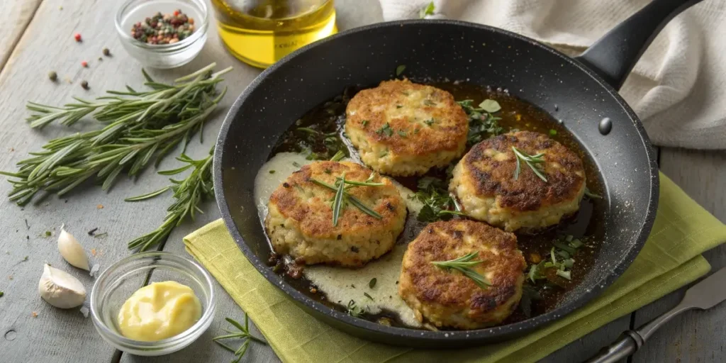 Pan-frying Dungeness crab cakes until golden brown