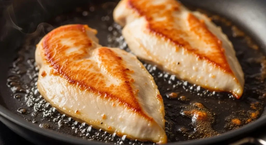 Pan-seared thin sliced chicken breast cooking in skillet