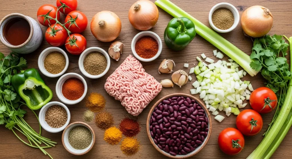 Ingredients for Panera turkey chili recipe on wooden table