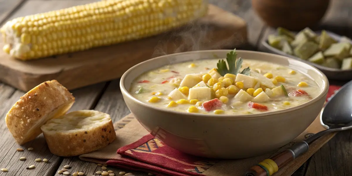 Panera corn chowder recipe in a bowl with creamy corn and potatoes