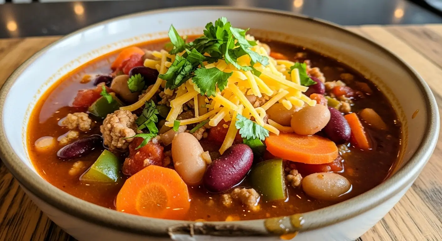 Panera turkey chili recipe in bowl with beans and turkey