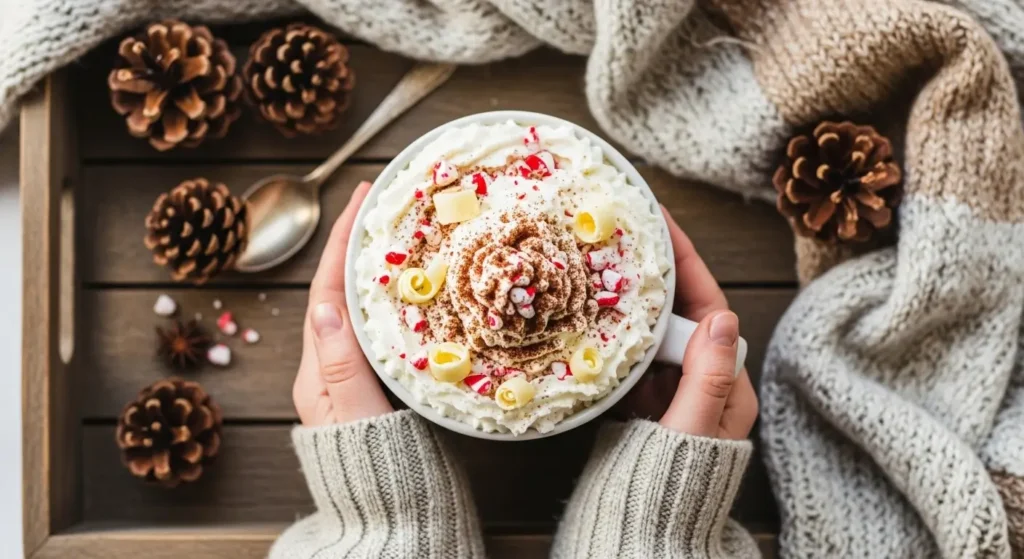 Perfect white hot chocolate recipe with toppings and garnishes