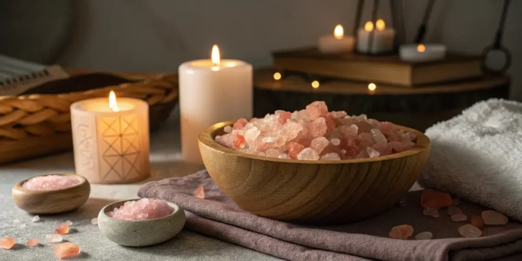 spa setup with pink tibetan salt and salt lamps