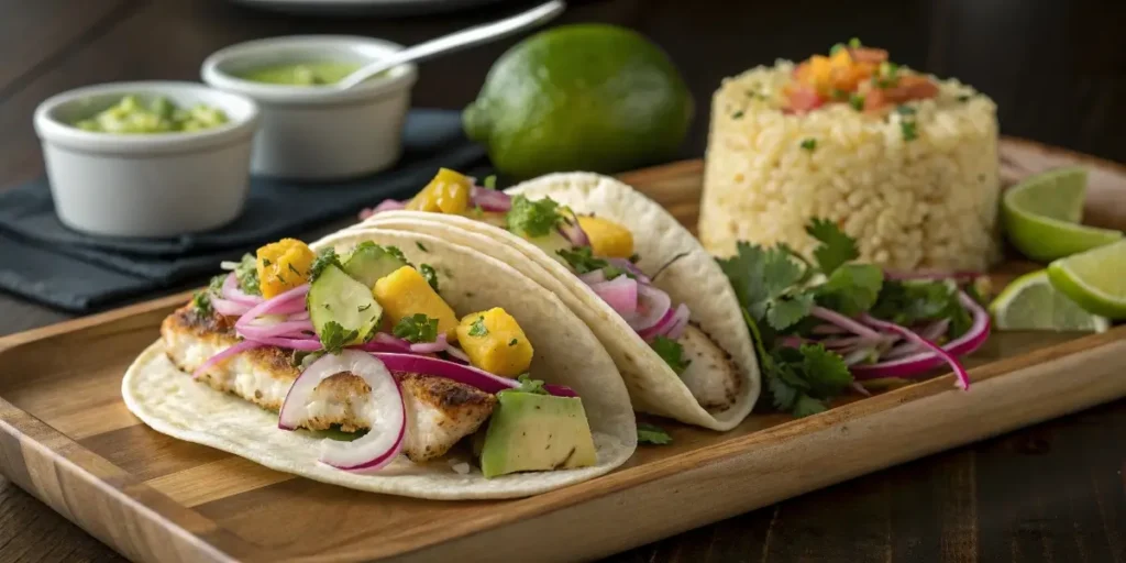 Plated Halibut Tacos with Mango Salsa and Rice