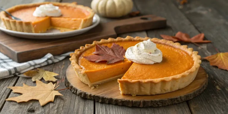 Pumpkin pie recipe with fresh pumpkin on rustic table